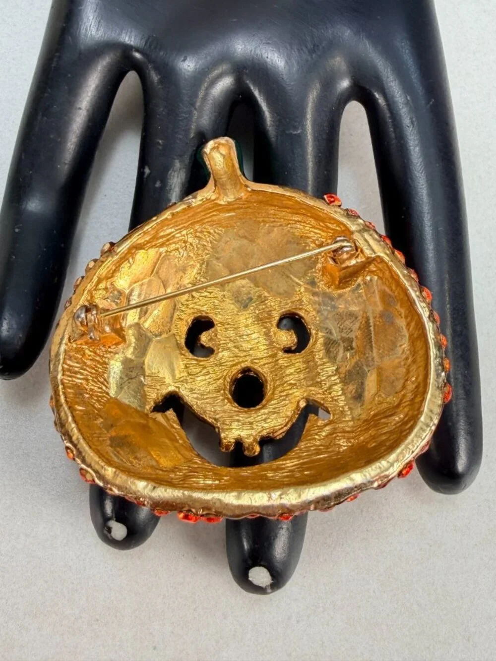 Vintage Halloween Jack O Lantern Pumpkin Rhinestone Brooch Orange Crystal Pin